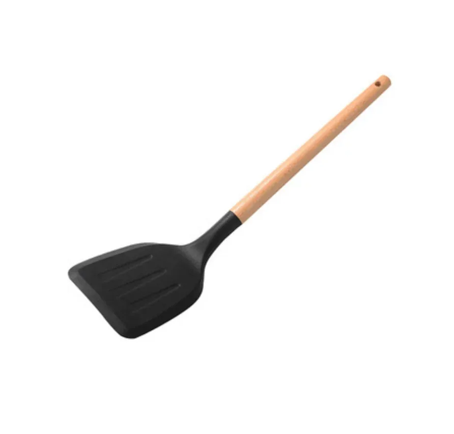Pink Cooking Kitchenware Tool Silicone Utensils With Wooden Multifunction Handle Non-Stick Spatula Ladle Egg Beaters Shovel Set