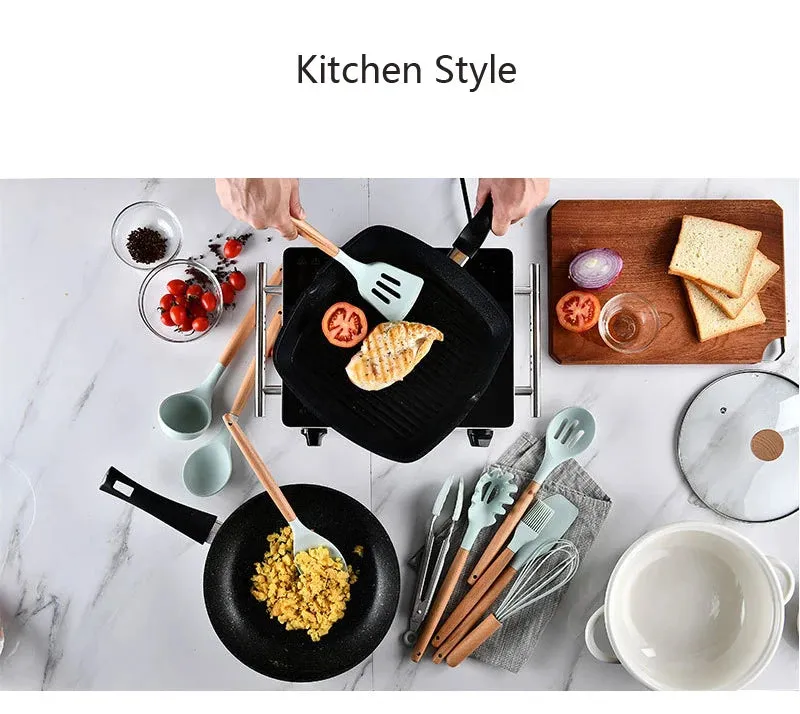 Pink Cooking Kitchenware Tool Silicone Utensils With Wooden Multifunction Handle Non-Stick Spatula Ladle Egg Beaters Shovel Set