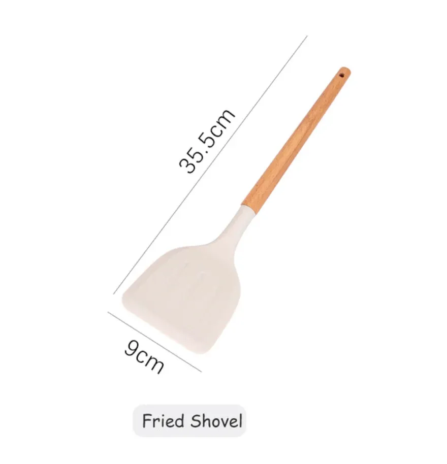 Pink Cooking Kitchenware Tool Silicone Utensils With Wooden Multifunction Handle Non-Stick Spatula Ladle Egg Beaters Shovel Set