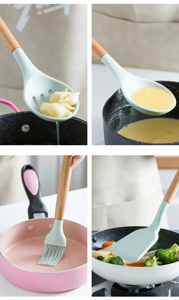 Pink Cooking Kitchenware Tool Silicone Utensils With Wooden Multifunction Handle Non-Stick Spatula Ladle Egg Beaters Shovel Set