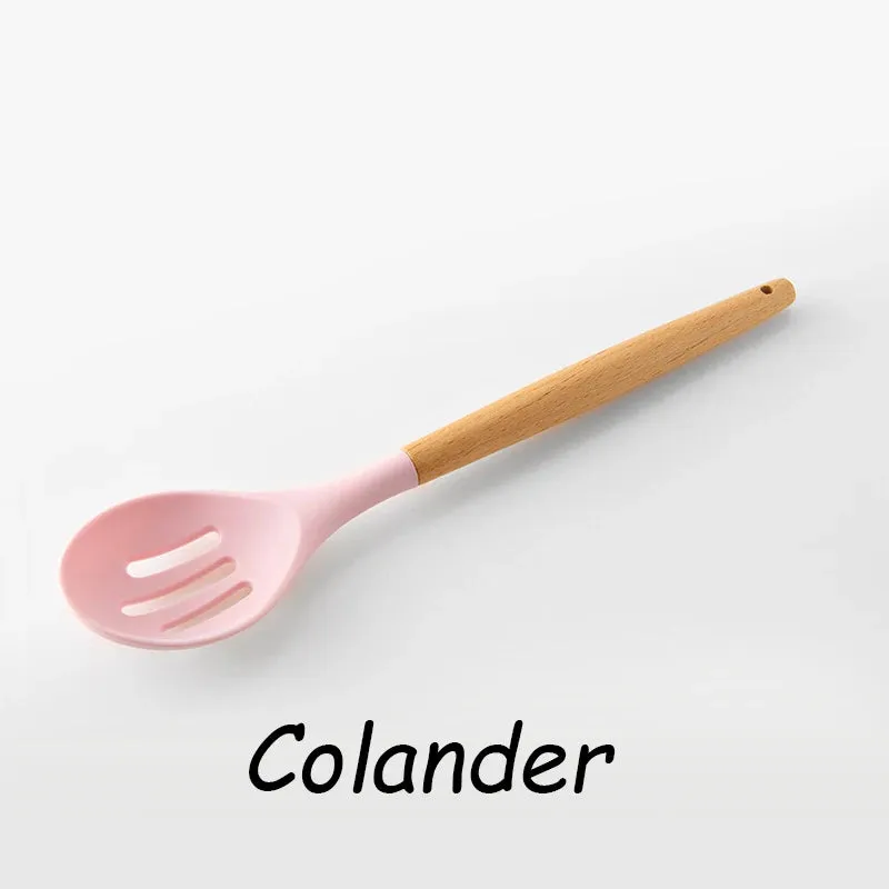 Pink Cooking Kitchenware Tool Silicone Utensils With Wooden Multifunction Handle Non-Stick Spatula Ladle Egg Beaters Shovel Set