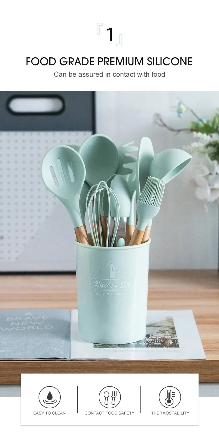 Pink Cooking Kitchenware Tool Silicone Utensils With Wooden Multifunction Handle Non-Stick Spatula Ladle Egg Beaters Shovel Set
