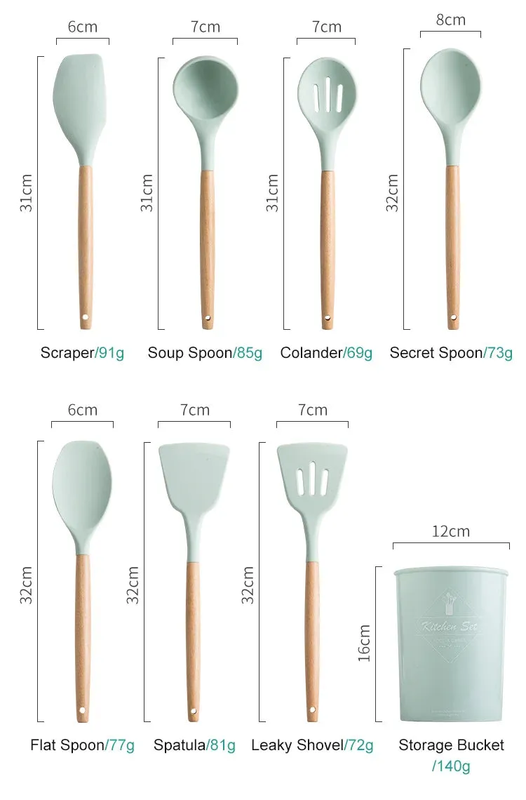 Pink Cooking Kitchenware Tool Silicone Utensils With Wooden Multifunction Handle Non-Stick Spatula Ladle Egg Beaters Shovel Set