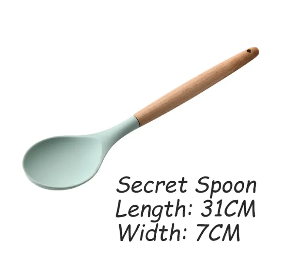 Pink Cooking Kitchenware Tool Silicone Utensils With Wooden Multifunction Handle Non-Stick Spatula Ladle Egg Beaters Shovel Set