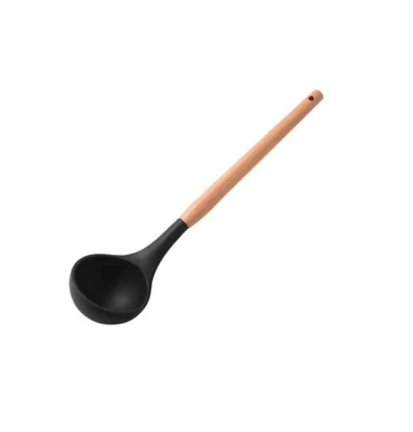 Pink Cooking Kitchenware Tool Silicone Utensils With Wooden Multifunction Handle Non-Stick Spatula Ladle Egg Beaters Shovel Set