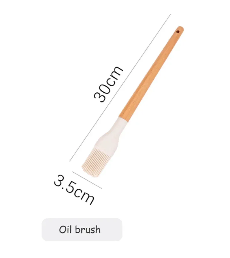 Pink Cooking Kitchenware Tool Silicone Utensils With Wooden Multifunction Handle Non-Stick Spatula Ladle Egg Beaters Shovel Set