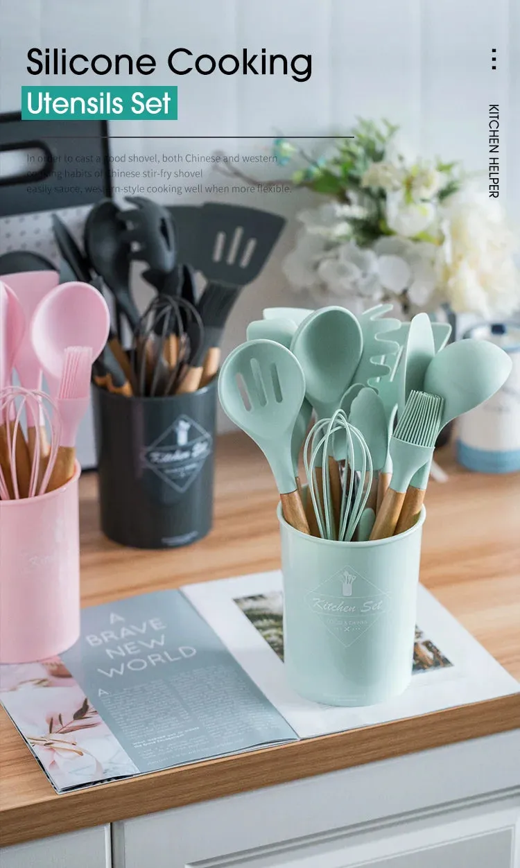 Pink Cooking Kitchenware Tool Silicone Utensils With Wooden Multifunction Handle Non-Stick Spatula Ladle Egg Beaters Shovel Set