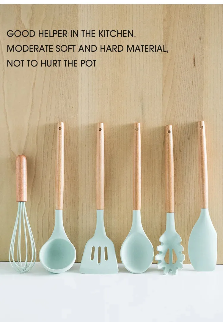 Pink Cooking Kitchenware Tool Silicone Utensils With Wooden Multifunction Handle Non-Stick Spatula Ladle Egg Beaters Shovel Set