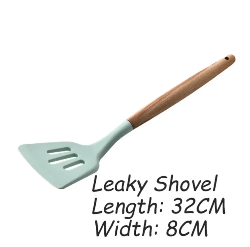 Pink Cooking Kitchenware Tool Silicone Utensils With Wooden Multifunction Handle Non-Stick Spatula Ladle Egg Beaters Shovel Set