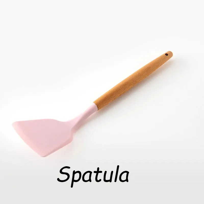 Pink Cooking Kitchenware Tool Silicone Utensils With Wooden Multifunction Handle Non-Stick Spatula Ladle Egg Beaters Shovel Set