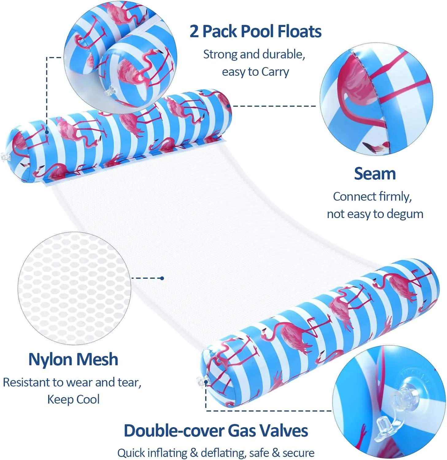Pool Floats - 2 Pack Inflatable Pool Floats Rafts, 4-in-1 Pool Floaties for Adults, Pool Floats Adult Size, Multi-Purpose Toys Floats for Swimming Pool, Thick PVC Pool Lounger Float Water Hammock