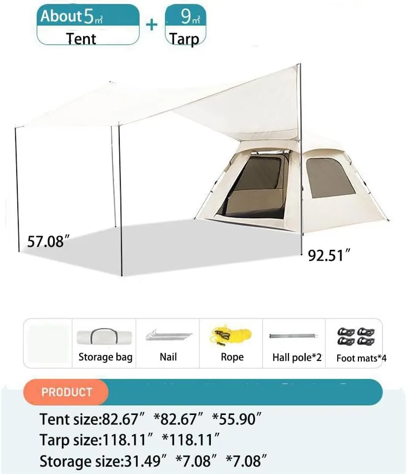 Pop Up Tent for Family Camping Hiking and Backpacking, Automatic Tent Outdoor Portable Folding, Includes Combinable Tarp for Spacious Shadow Area