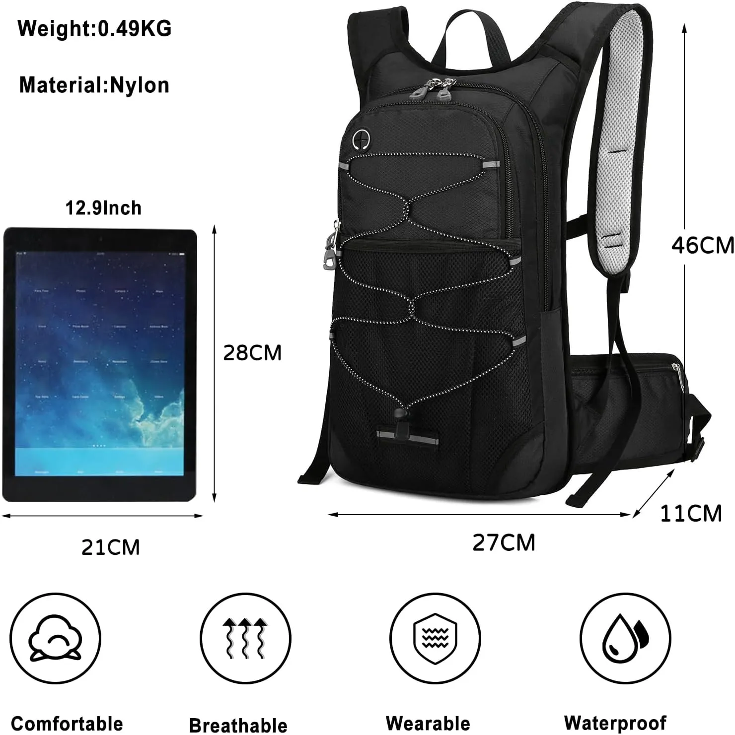 PORRASSO Hiking Backpack 19L Waterproof Daypack Rucksack with Earphone Hole Breathable Backpack for Women Men Trekking Cycling Climbing Outdoor Sports Black