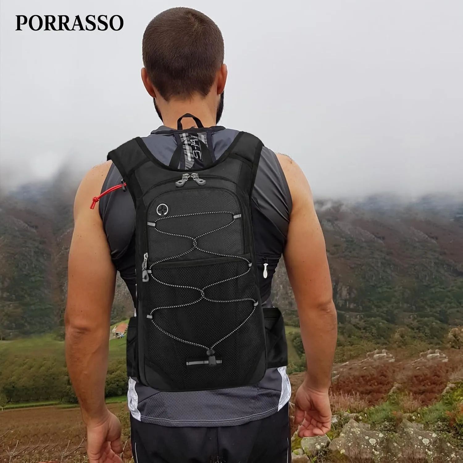 PORRASSO Hiking Backpack 19L Waterproof Daypack Rucksack with Earphone Hole Breathable Backpack for Women Men Trekking Cycling Climbing Outdoor Sports Black