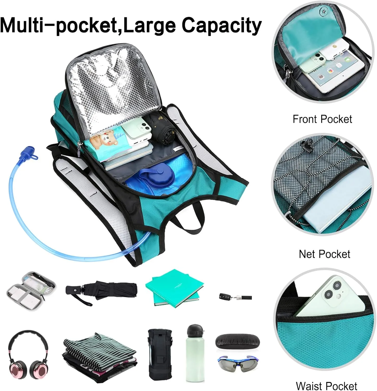 PORRASSO Hiking Backpack 19L Waterproof Daypack Rucksack with Earphone Hole Breathable Backpack for Women Men Trekking Cycling Climbing Outdoor Sports Black