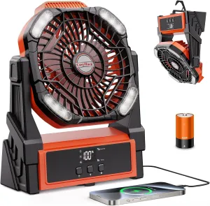 Portable Camping Fan, 20000mAh Rechargeable Battery Operated Fans with Lights, Outdoor Beach Tent Fan, 4 Speed, Adjustable Brightness for Picnic, Barbecue, Fishing, Office, Home