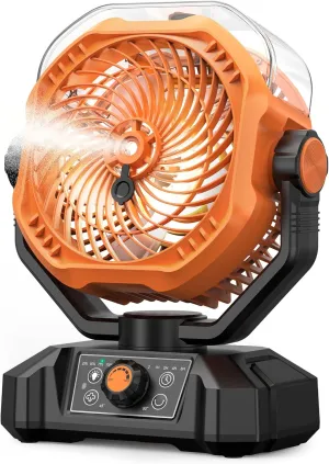 Portable Camping Fan, Misting Desk Fan with Remote, 360ML Water Tank, 16000mAh, 5 Speeds, Timer, 18-70 Working Hours, Battery Operated Fan for RV Camp Hurricane Emergency Orange