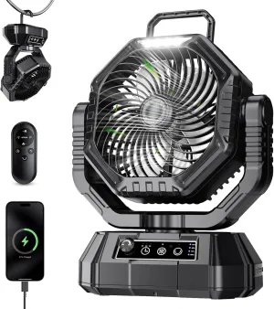 Portable Fan Rechargeable, 20000mAh Battery Powered Fan, LED Light, Remote Controller, Dual-Blade, 90°/270° Swing, 1-3H Timer, Battery Operated fan For Travel Tent Camping Bedroom Office Beach Fishing