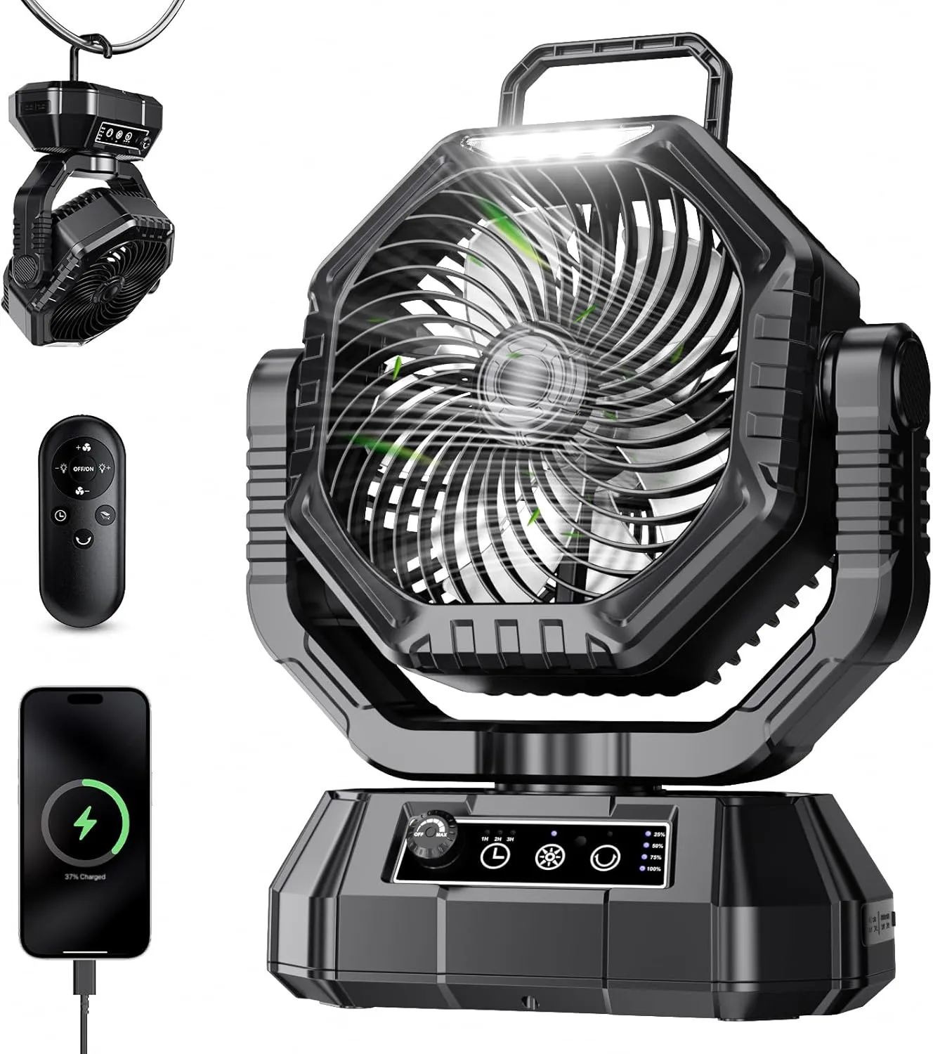 Portable Fan Rechargeable, 20000mAh Battery Powered Fan, LED Light, Remote Controller, Dual-Blade, 90°/270° Swing, 1-3H Timer, Battery Operated fan For Travel Tent Camping Bedroom Office Beach Fishing