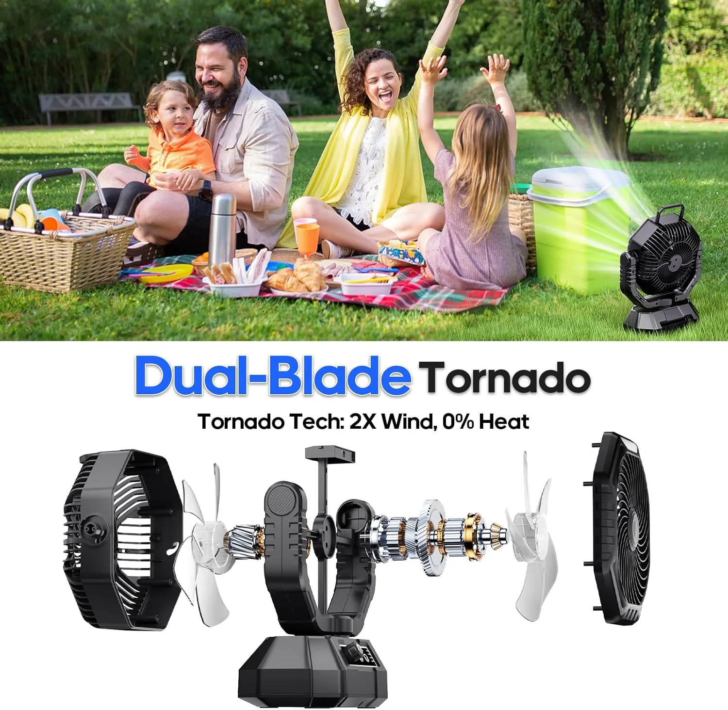 Portable Fan Rechargeable, 20000mAh Battery Powered Fan, LED Light, Remote Controller, Dual-Blade, 90°/270° Swing, 1-3H Timer, Battery Operated fan For Travel Tent Camping Bedroom Office Beach Fishing