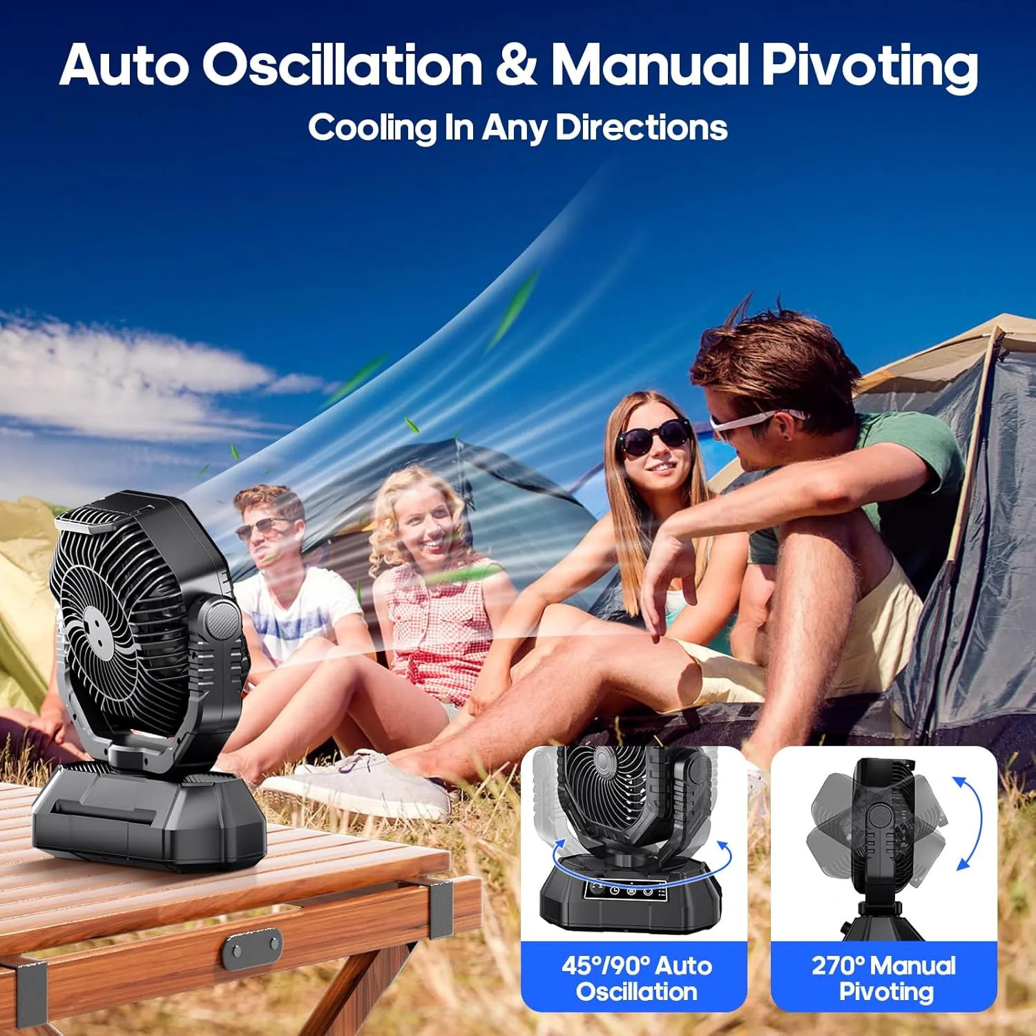 Portable Fan Rechargeable, 20000mAh Battery Powered Fan, LED Light, Remote Controller, Dual-Blade, 90°/270° Swing, 1-3H Timer, Battery Operated fan For Travel Tent Camping Bedroom Office Beach Fishing