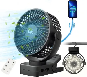 Portable Fan with Remote Control & Timer & LED Lights, 60hrs 12000mAh USB Rechargeable Battery，Clamp/Hanging/Stand Up, Small Clip on Fan for Baby Stroller, Bed, Desk, Camping Tent, Travel