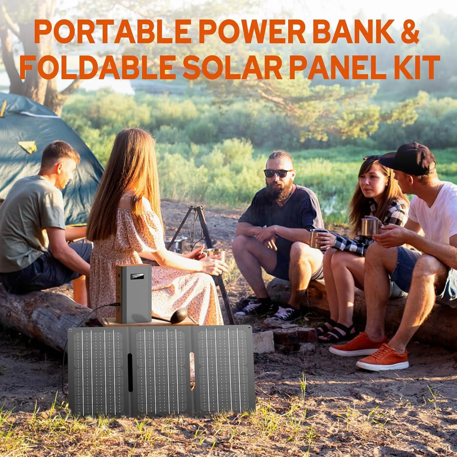 Portable Power Bank with AC Outlet 65W 110V External Battery Pack, 24000mAh Portable Laptop Charger with 30W Foldable Solar Panel Power Supply for Smart devices Outdoor Camping RV Off Grid-Orange