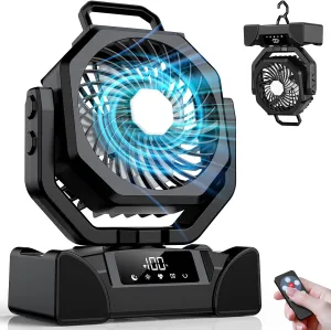 Portable Rechargeable Fan, 20000mAh Battery Powered Fan with LED Light, Camping Fans for Tent Remote Control, 5 Speed & Hook, 10-inch Outdoor Cordless Fans for Travel,Home, Beach, Power Outage - Black