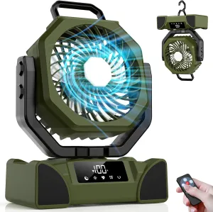 Portable Rechargeable Fan, 20000mAh Battery Powered Fan with LED Light, Camping Fans for Tent Remote Control, 5 Speed & Hook, 10-inch Outdoor Cordless Fans for Travel,Home, Beach, Power Outage - Green