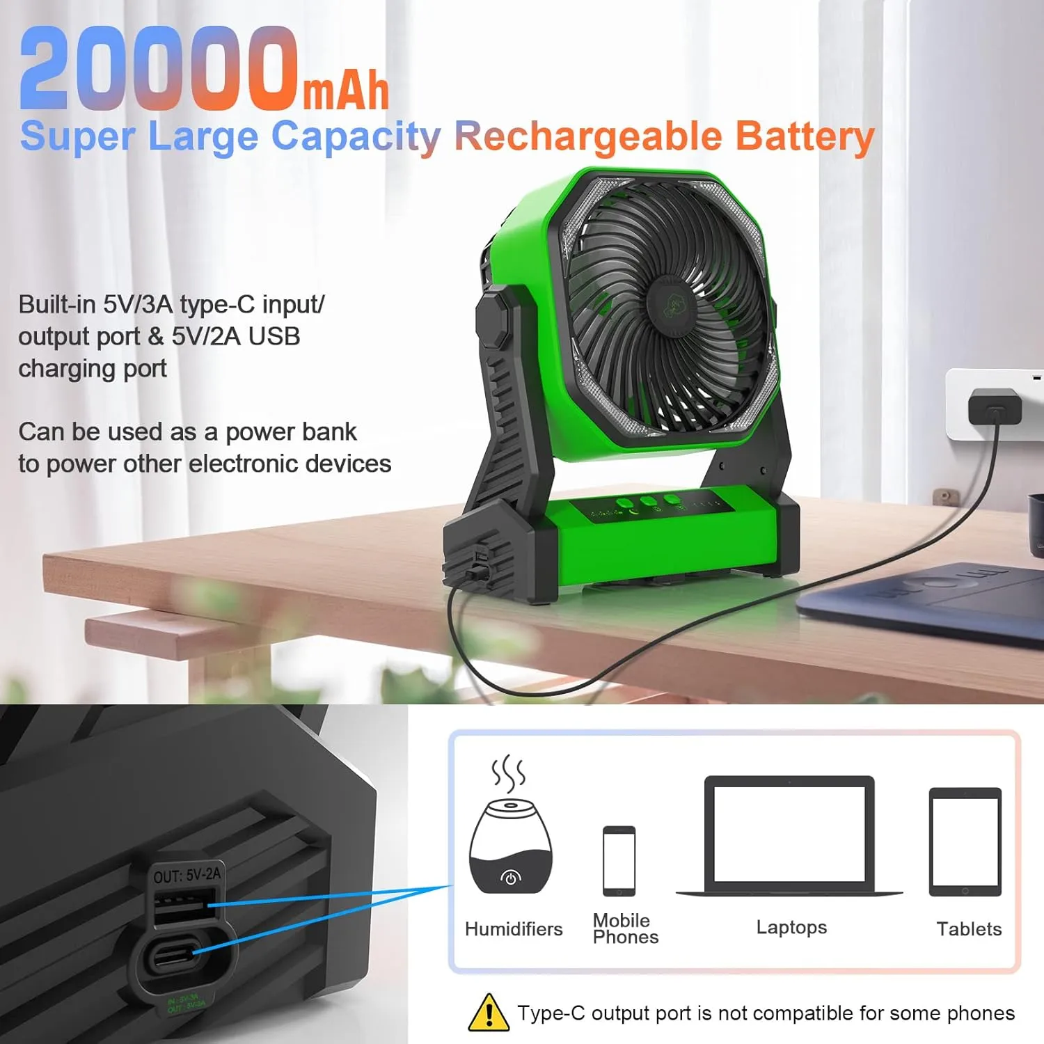 Portable Rechargeable Fan with LED Light, 20000mAh Battery Powered Camp Fan with Hook, 270° Pivot, 4 Speeds, USB Table Fan for Camping, Fishing, Power Outage, Barbecue, Jobsite