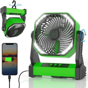 Portable Rechargeable Fan with LED Light, 20000mAh Battery Powered Camp Fan with Hook, 270° Pivot, 4 Speeds, USB Table Fan for Camping, Fishing, Power Outage, Barbecue, Jobsite