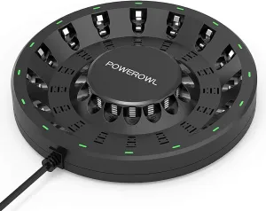 POWEROWL 16 Bay AA AAA Battery Charger (Updated, High Speed Charging) with Smart LED Light and Plug, for NIMH NICD Rechargeable Batteries and More