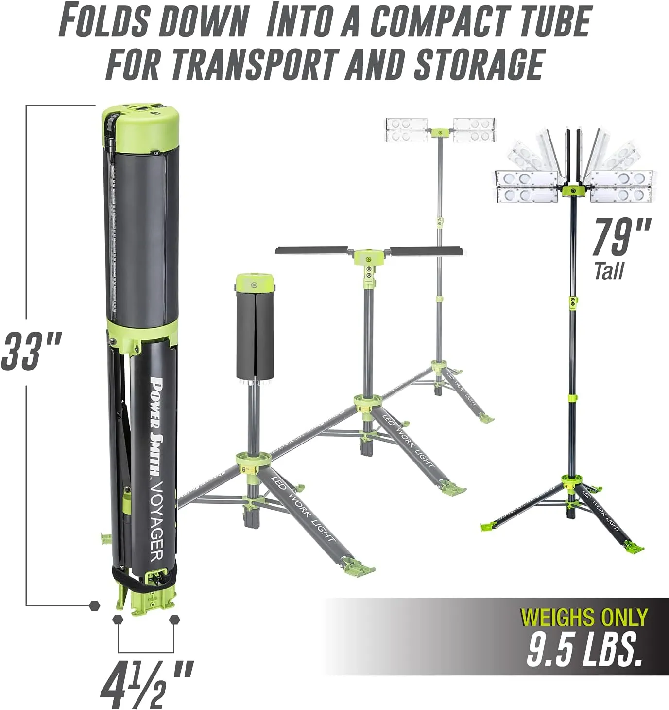 PowerSmith Voyager PVLR8000A-C 8000 Lumen Collapsible Cordless Tripod LED Work Light. BARE Light Only. 3-Way Power. AC or DC Adaptor or Battery Needed to Use Light
