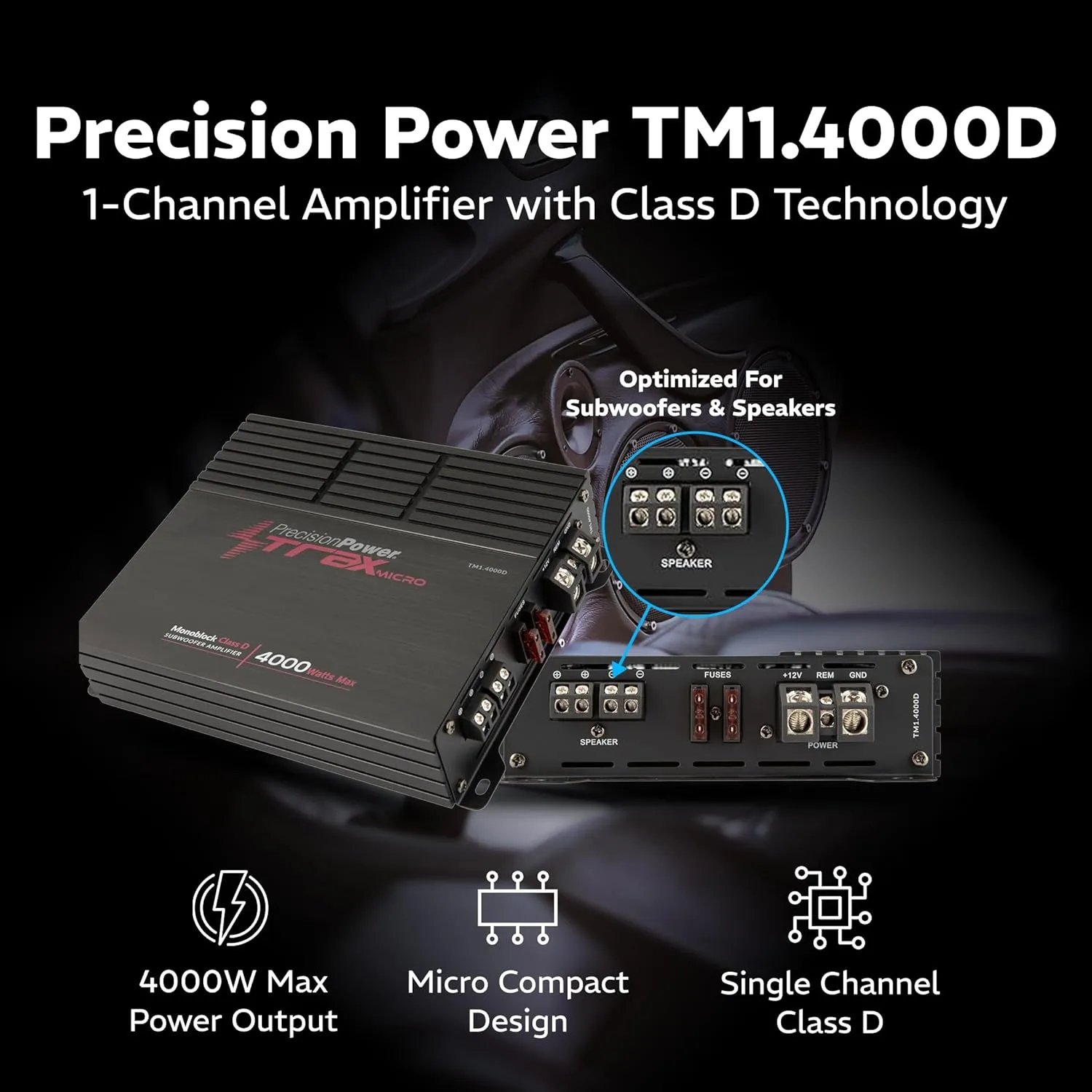 Precision Power Trax Micro Monoblock Class D Car Stereo Amplifier TM1.4000D – 4000W Single Channel Digital Subwoofer Amp with Wired Bass Control & High-Level Inputs for Powerful Audio