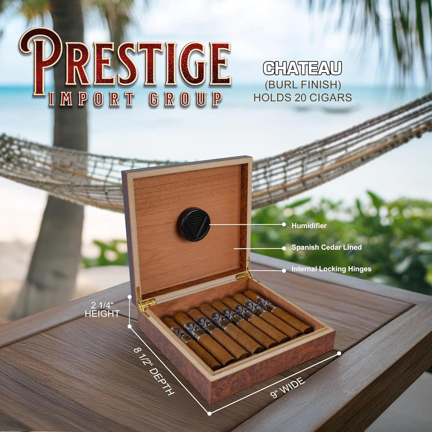 Prestige Import Group Chateau Small Cigar Humidor with Humidifier - Capacity: 20 Cigars - Color: Burl