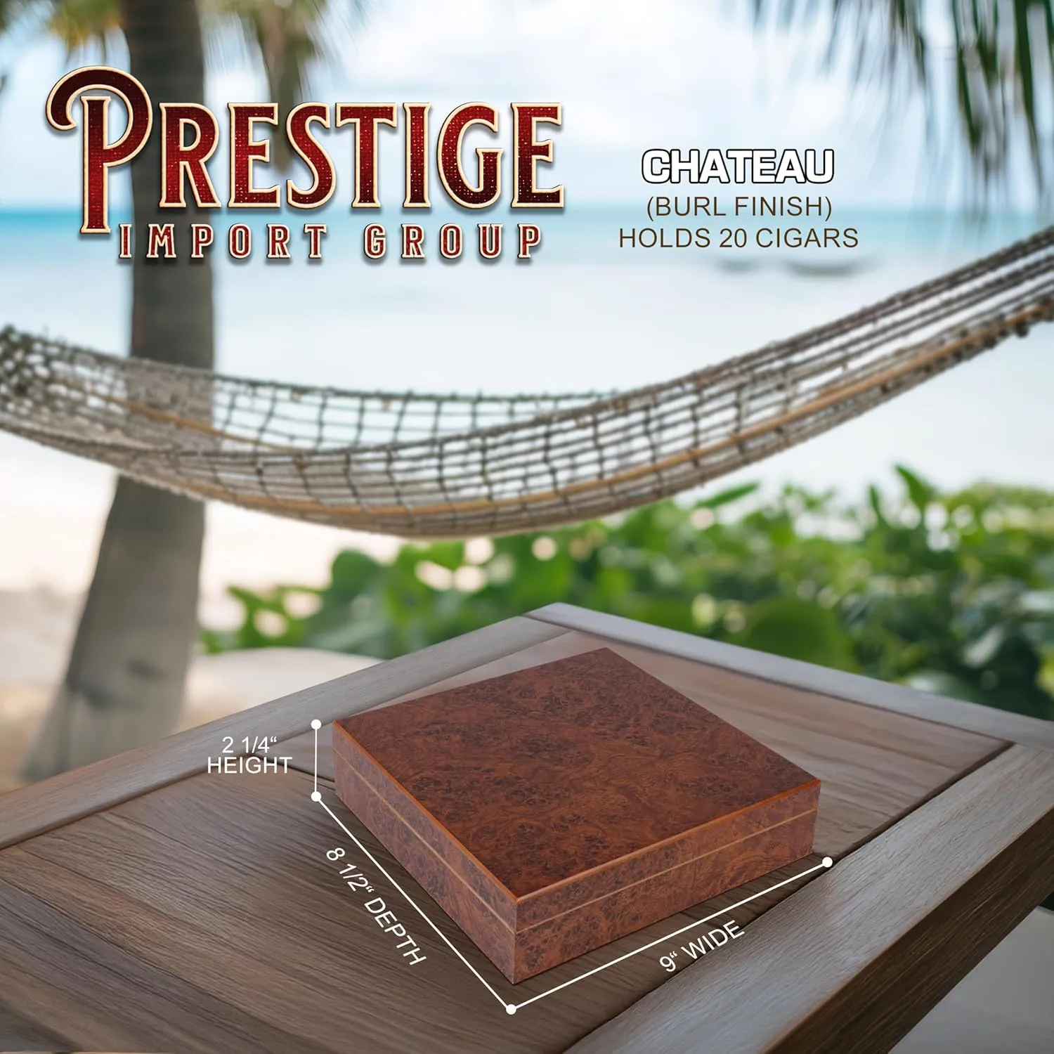 Prestige Import Group Chateau Small Cigar Humidor with Humidifier - Capacity: 20 Cigars - Color: Burl