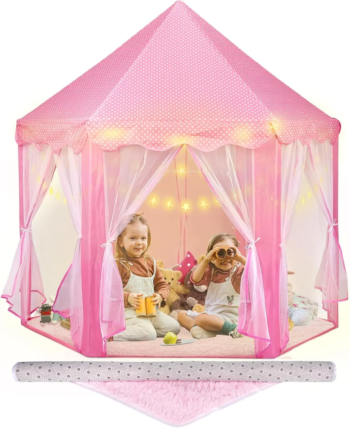Princess Tent with Rug & Led Star Lights,Princess Castle Play Tent for Girls Kids or Toddlers, Kids Large Playhouse for Indoor and Outdoor Games,140 * 135cm,Birthday for 3/4/5/6/7/8/9  Year Old