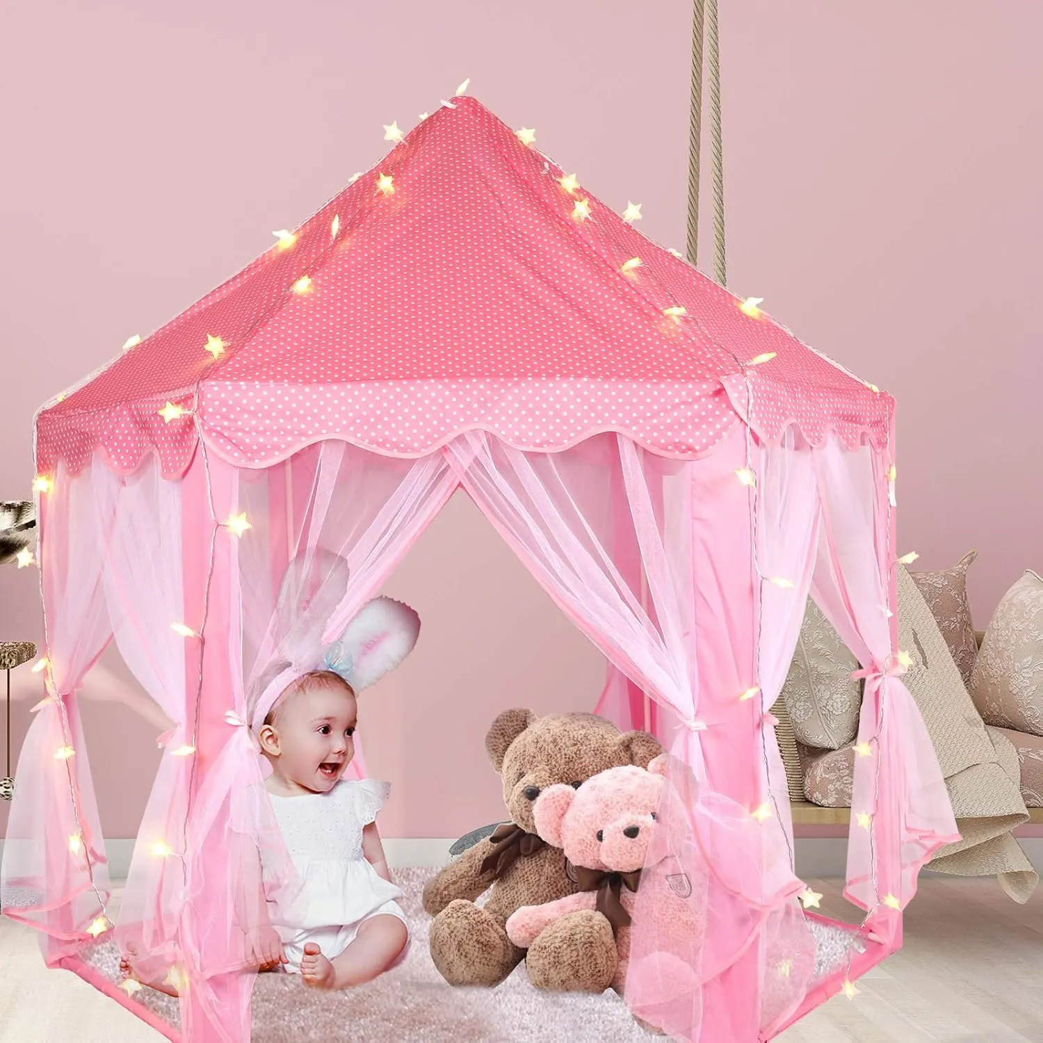 Princess Tent with Rug & Led Star Lights,Princess Castle Play Tent for Girls Kids or Toddlers, Kids Large Playhouse for Indoor and Outdoor Games,140 * 135cm,Birthday for 3/4/5/6/7/8/9  Year Old