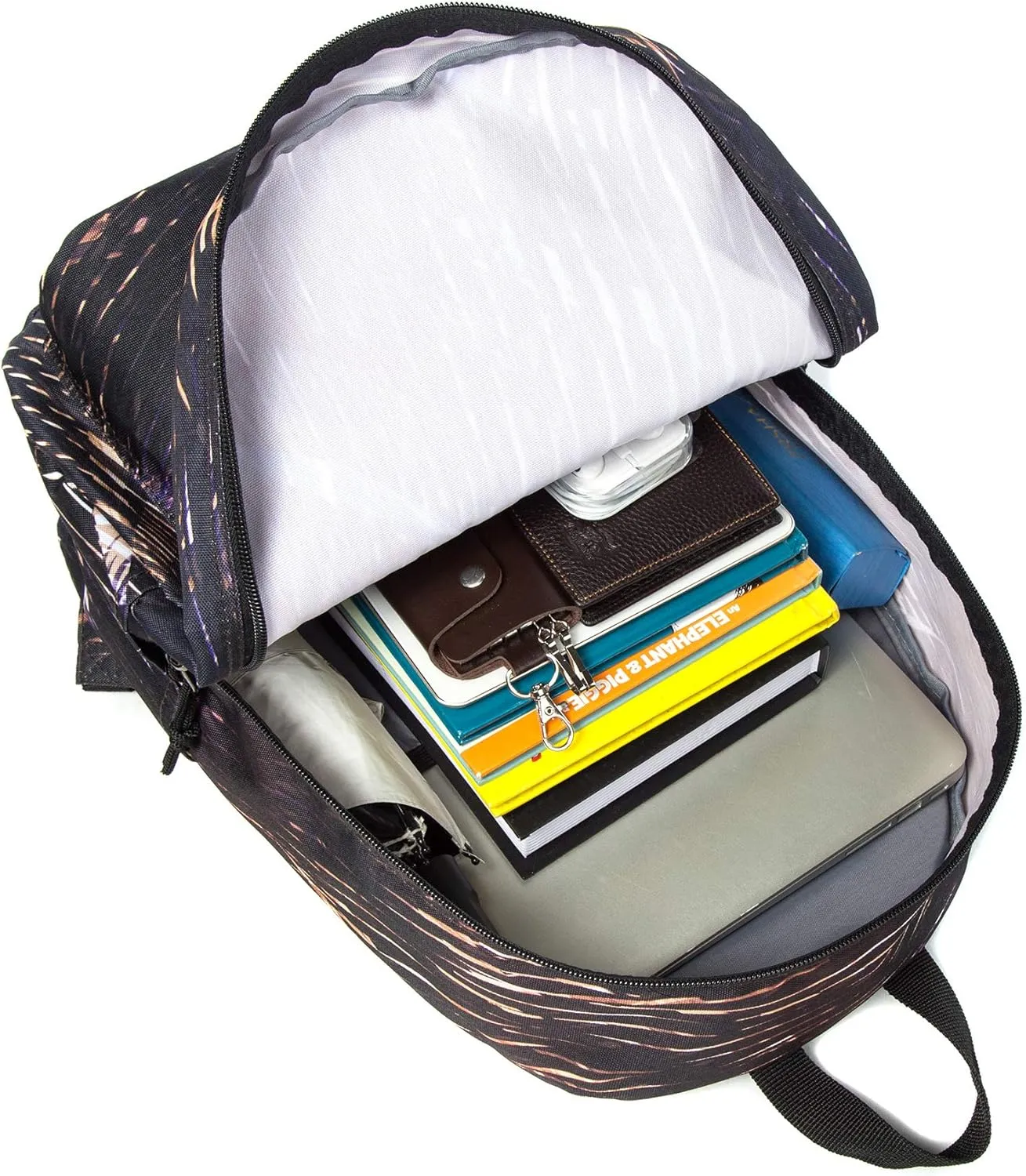 Printed Backpack Simple Pattern Bookbag Classic Travel Daypack for laptop & Tablet Black Gold Meteor