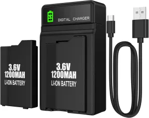 PSP Battery and Charger, 2Pcs 3.6v 1200mAh Lithium Ion Replacement Batteries with Charging Dock for PSP-3000, PSP-3001, PSP-2000, PSP-2001, PSP-3002, PSP-3004, PSP Lite, PSP Slim Console