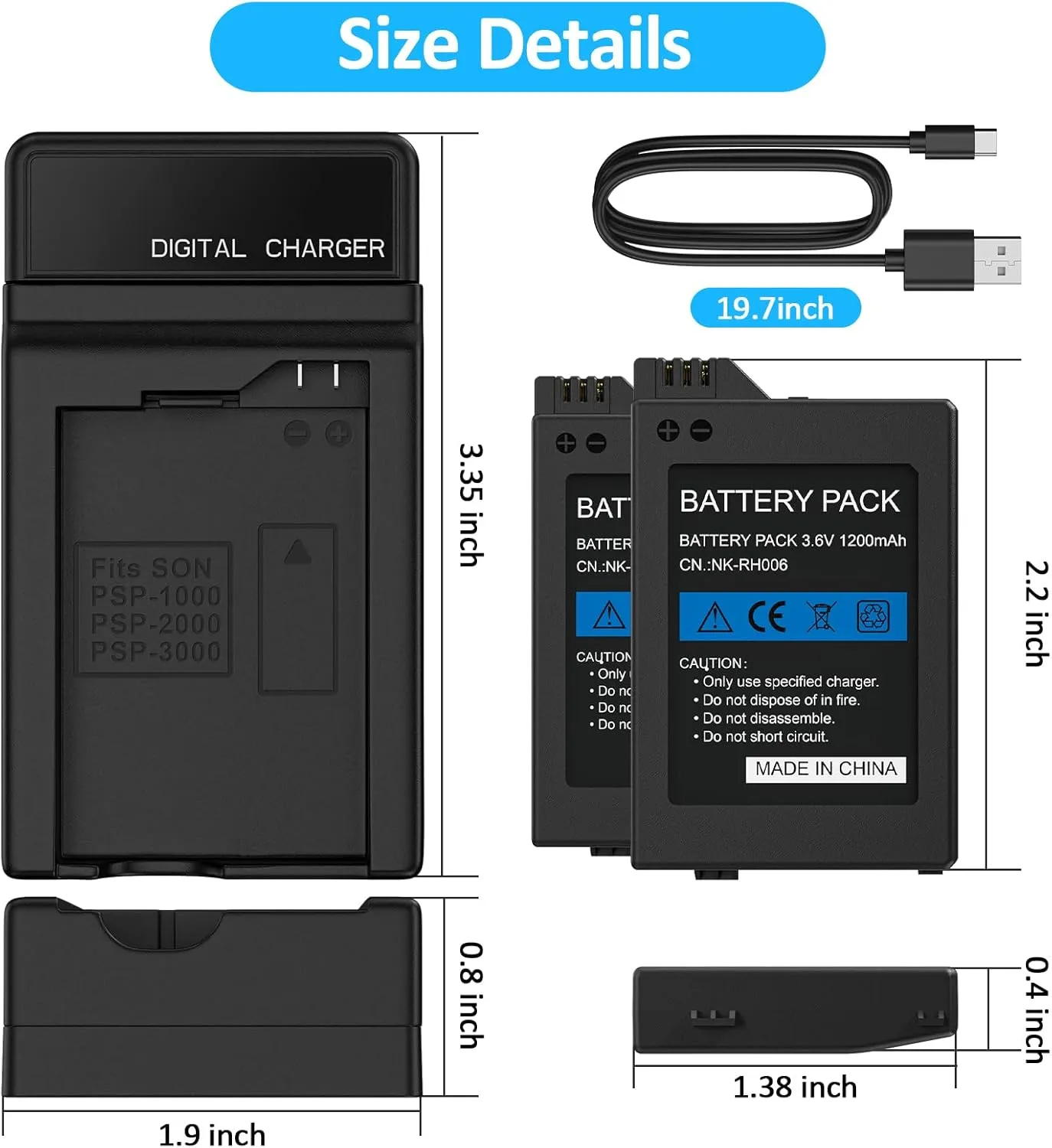 PSP Battery and Charger, 2Pcs 3.6v 1200mAh Lithium Ion Replacement Batteries with Charging Dock for PSP-3000, PSP-3001, PSP-2000, PSP-2001, PSP-3002, PSP-3004, PSP Lite, PSP Slim Console