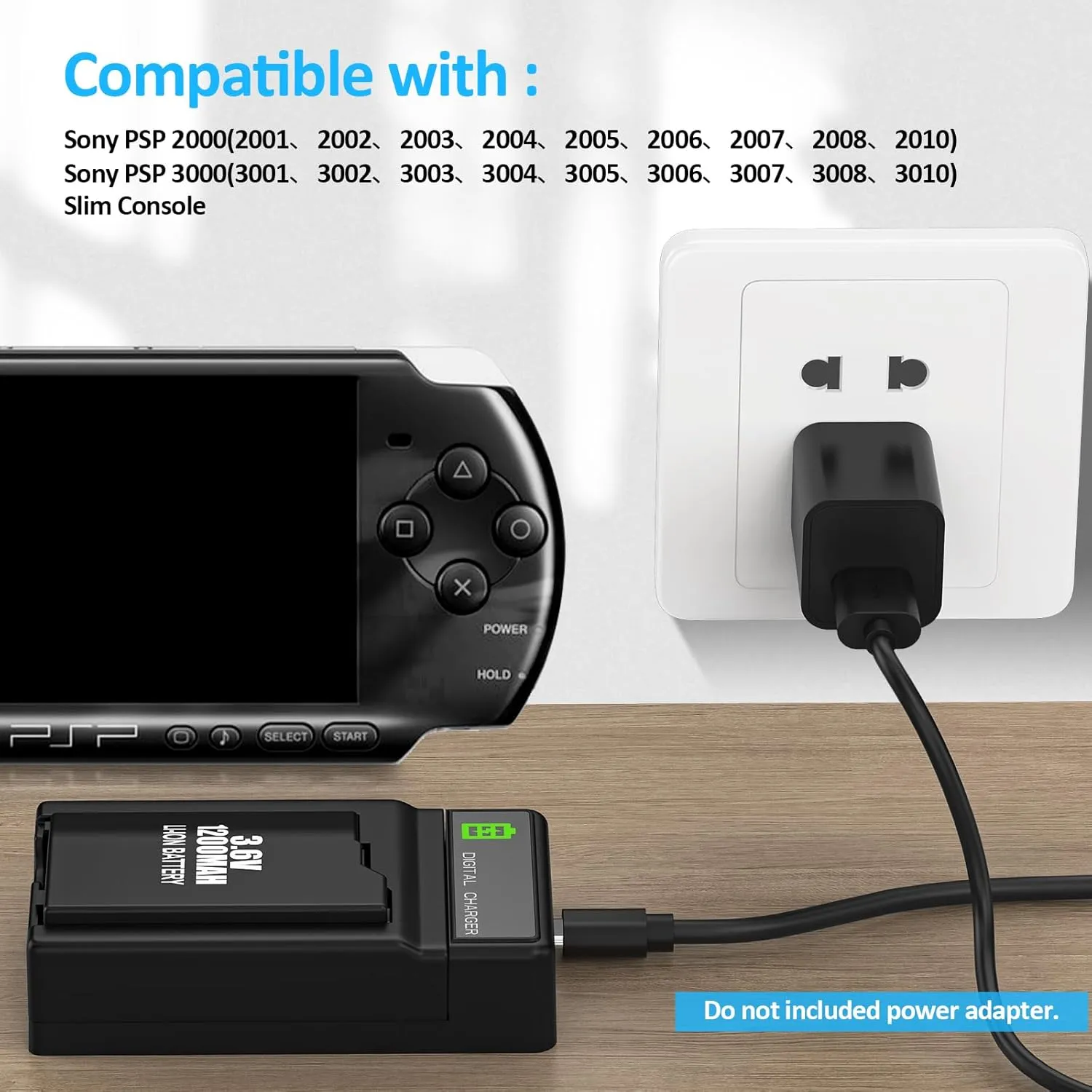 PSP Battery and Charger, 2Pcs 3.6v 1200mAh Lithium Ion Replacement Batteries with Charging Dock for PSP-3000, PSP-3001, PSP-2000, PSP-2001, PSP-3002, PSP-3004, PSP Lite, PSP Slim Console