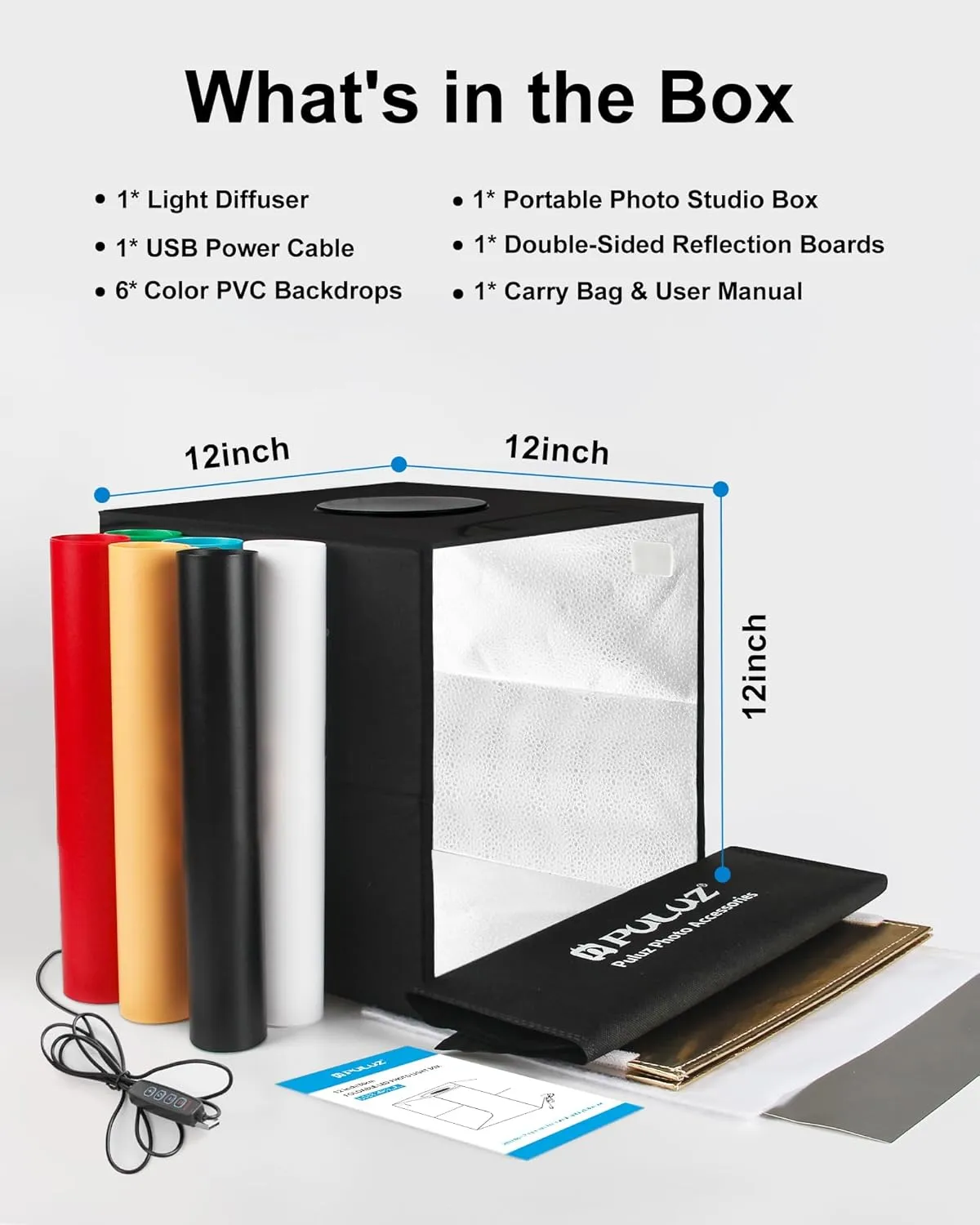 PULUZ Light Box Photography, 12"x12" Professional Dimmable Shooting Tent Kit with CRI >95 White Lighting 120 LEDs Lights   6 Photo Backdrops for Product Display