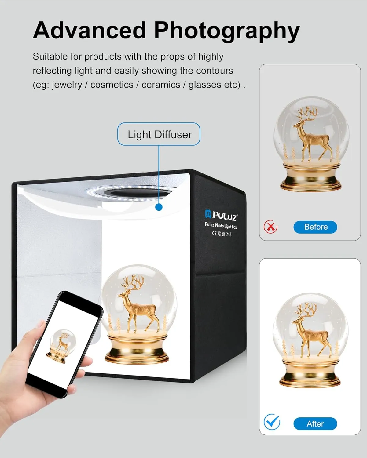 PULUZ Light Box Photography, 12"x12" Professional Dimmable Shooting Tent Kit with CRI >95 White Lighting 120 LEDs Lights   6 Photo Backdrops for Product Display