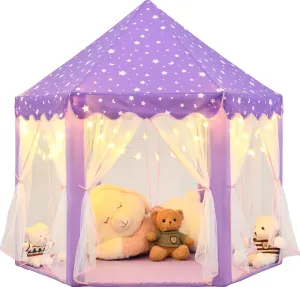 Purple Princess Tent for Girls, Kids Play Tent with LED Small Star Lights, Castle Playhouse Tent for Children Toddlers Indoor Outdoor Games, 55×53 Inches