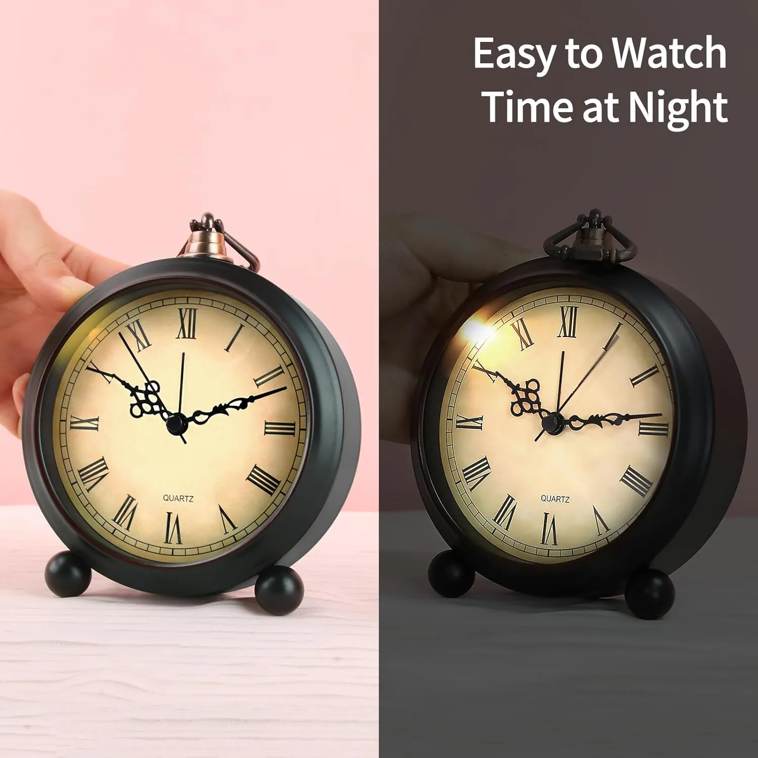 pxy Retro Alarm Clock for Heavy Sleepers 3D Dial Battery Operated (Battery Include), 4" Super Silent Analog Alarm Clock for Kids with Night Light PT260 Silver Orange PT508-2 Roman Numbers