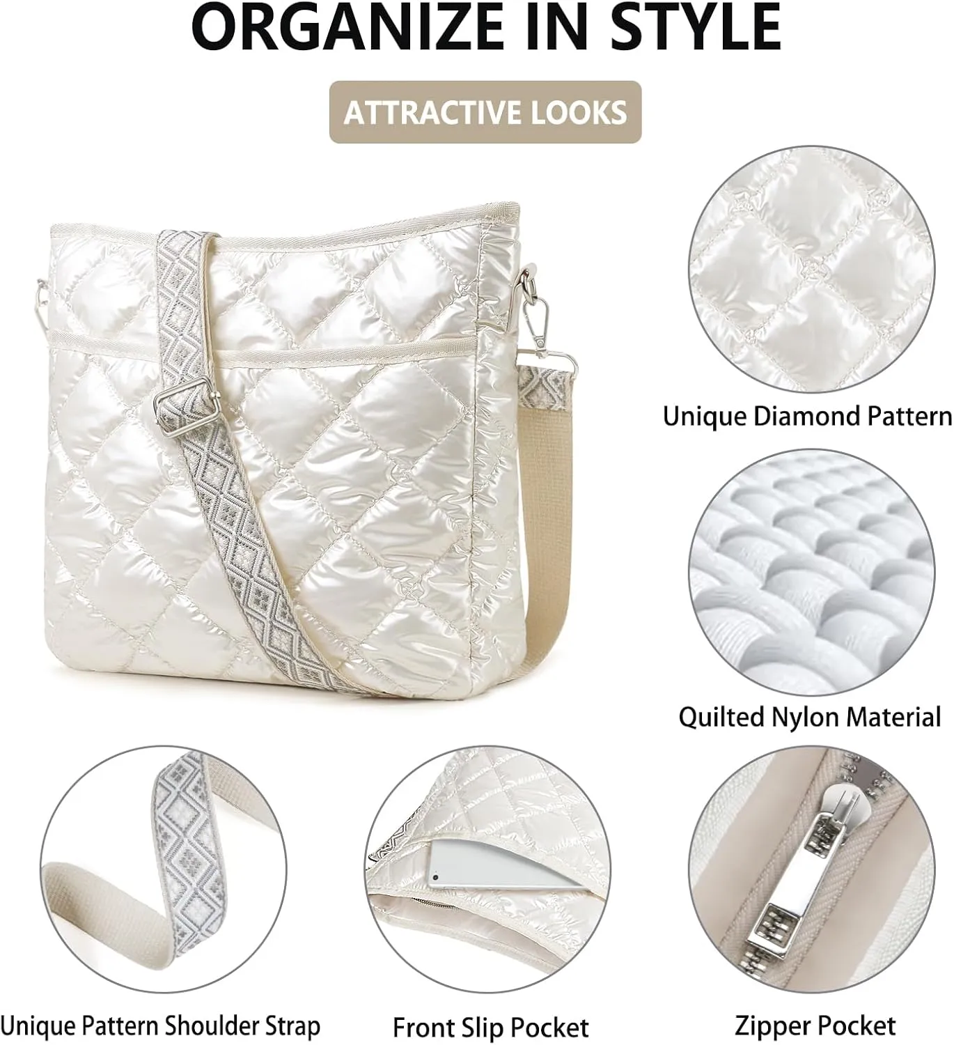 Quilted Crossbody Bags for Women, Unique Pattern Strap Quilted Bag, Crossbody Purses for Women, Quilted Puffer Bag for Women