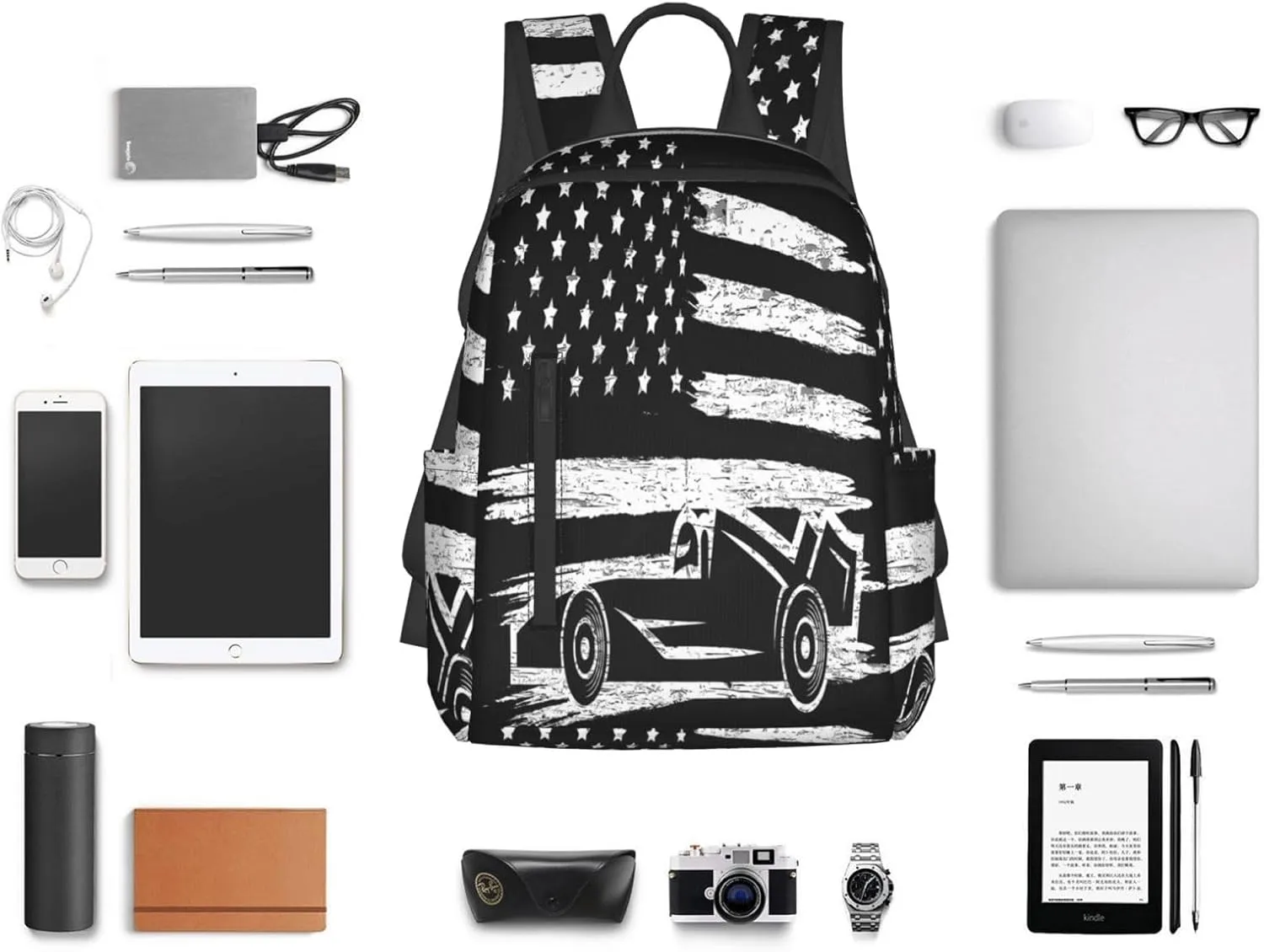 Race Car American Flag Casual Backpacks Laptop Backpack Outdoor Travel Rucksack Sport Carry-On Daypack Lightweight Bag with Multi-Pockets