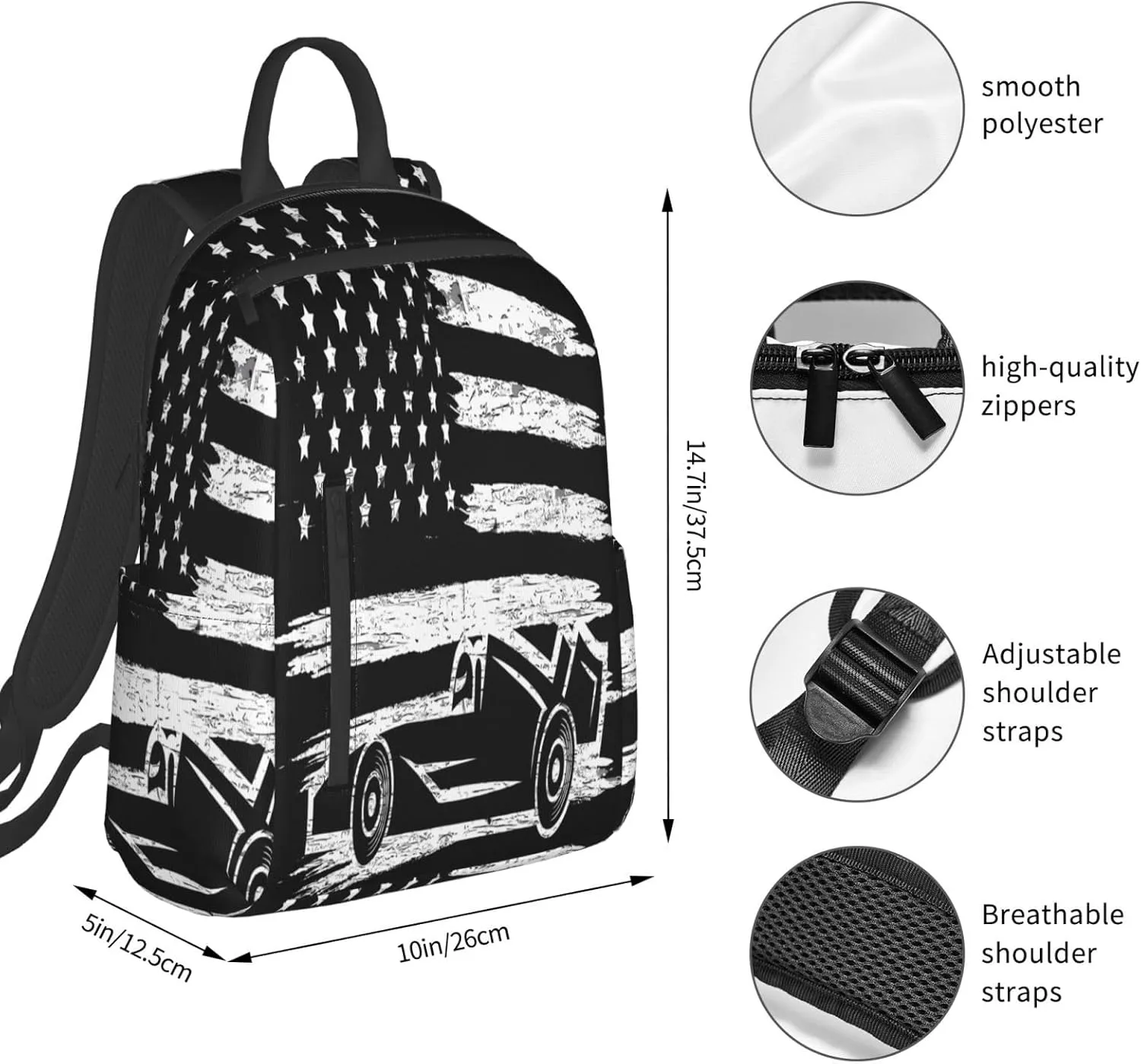Race Car American Flag Casual Backpacks Laptop Backpack Outdoor Travel Rucksack Sport Carry-On Daypack Lightweight Bag with Multi-Pockets