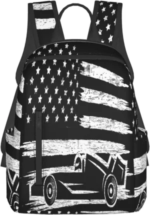 Race Car American Flag Casual Backpacks Laptop Backpack Outdoor Travel Rucksack Sport Carry-On Daypack Lightweight Bag with Multi-Pockets